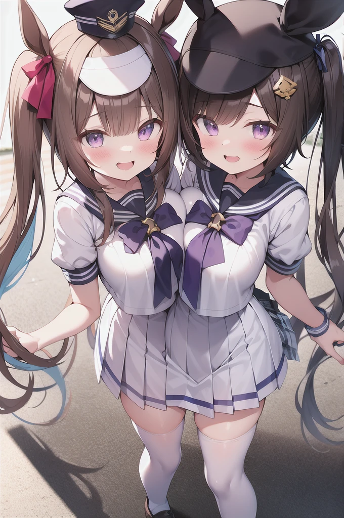 absurdres, highres, ultra detailed, smile,open mouth,standing, looking at viewer,tracen , summer uniform, serafuku, puffy short sleeves, bowtie, horseshoe ornament, sailor collar, sailor shirt, frills, white skirt, purple shirt, miniskirt, zettai ryouiki, white thighhighs, brown footwear, shoes,viblos \(umamusume\),twintails, brown hair, long hair, hat,large breasts, purple eyes, multicolored hair, ear ornament, hair ribbon,