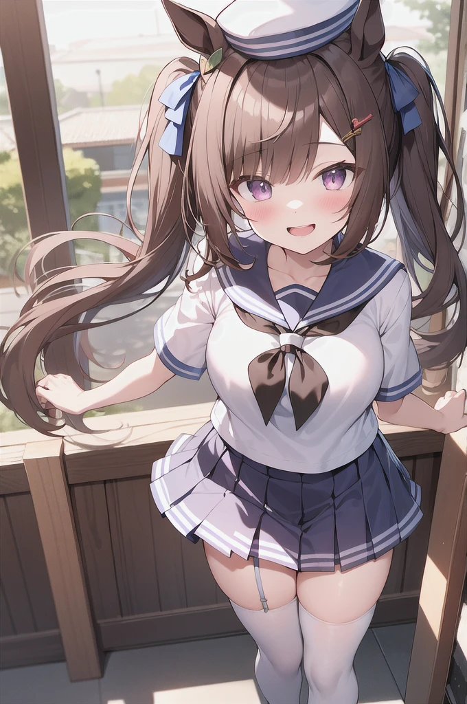 absurdres, highres, ultra detailed, smile,open mouth,standing, looking at viewer,tracen , summer uniform, serafuku, puffy short sleeves, bowtie, horseshoe ornament, sailor collar, sailor shirt, frills, white skirt, purple shirt, miniskirt, zettai ryouiki, white thighhighs, brown footwear, shoes,viblos \(umamusume\),twintails, brown hair, long hair, hat,large breasts, purple eyes, multicolored hair, ear ornament, hair ribbon,