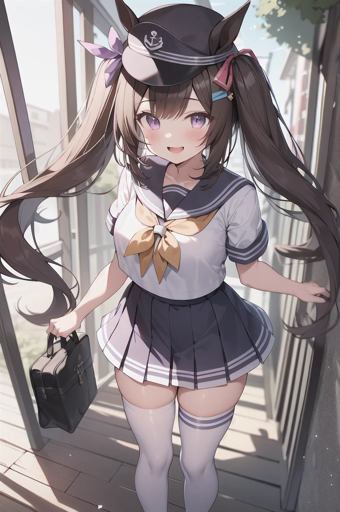 absurdres, highres, ultra detailed, smile,open mouth,standing, looking at viewer,tracen , summer uniform, serafuku, puffy short sleeves, bowtie, horseshoe ornament, sailor collar, sailor shirt, frills, white skirt, purple shirt, miniskirt, zettai ryouiki, white thighhighs, brown footwear, shoes,viblos \(umamusume\),twintails, brown hair, long hair, hat,large breasts, purple eyes, multicolored hair, ear ornament, hair ribbon,