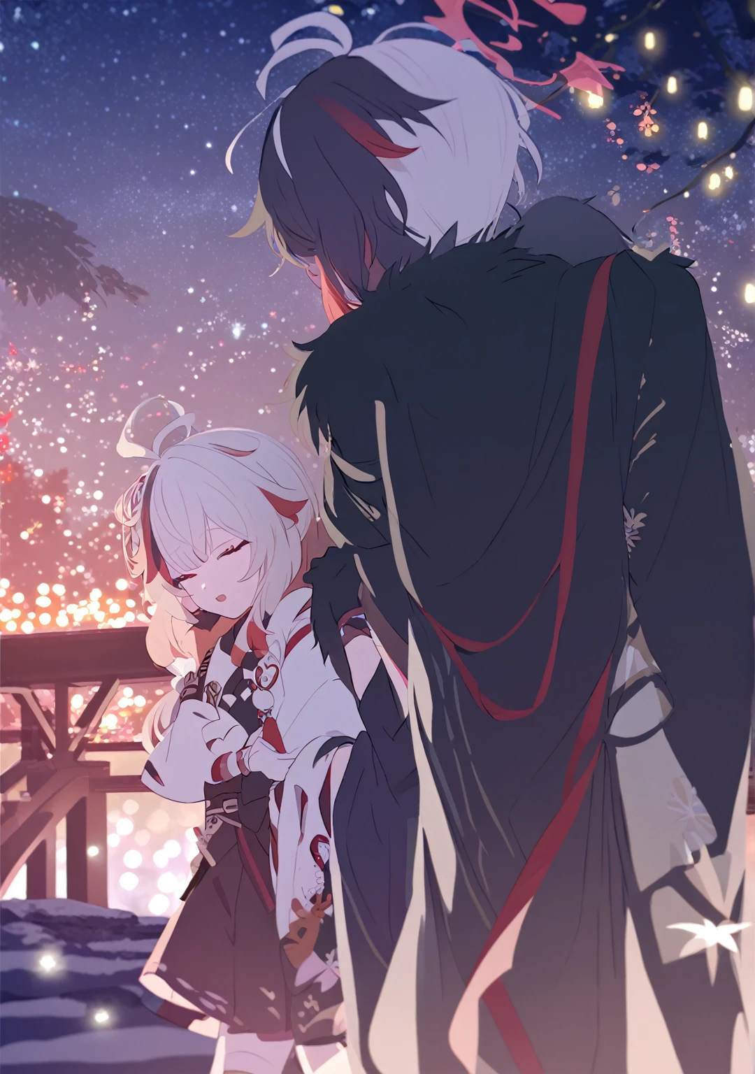 Man and woman couple, couple, walking under the stars, at night, a little stuck, 1 girl, Columbina, multicilor hair, two color hair, colored inner hair, decoration for your hair, black fur, dark fur, with red outline, closed eyes, 1 chico, Kaedehara Kazuha, white hair with a red streak, hair ornament