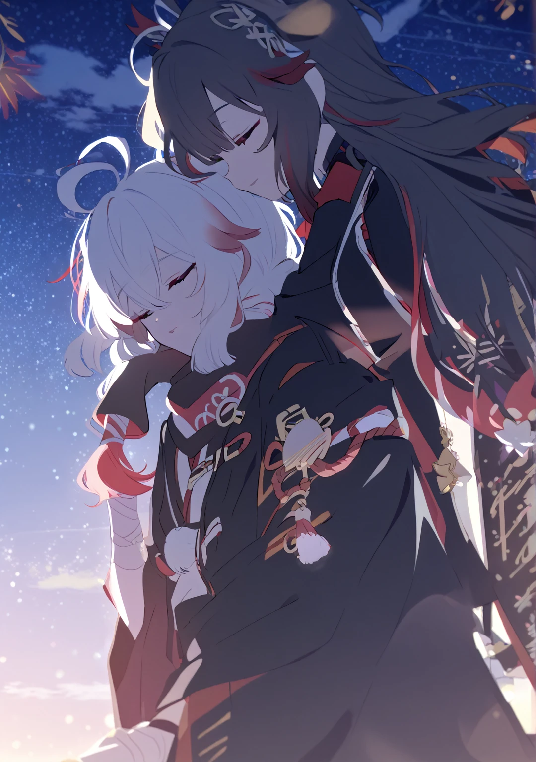 Man and woman couple, couple, walking under the stars, at night, a little stuck, 1 girl, Columbina, multicilor hair, two color hair, colored inner hair, decoration for your hair, black fur, dark fur, with red outline, closed eyes, 1 chico, Kaedehara Kazuha, white hair with a red streak, hair ornament