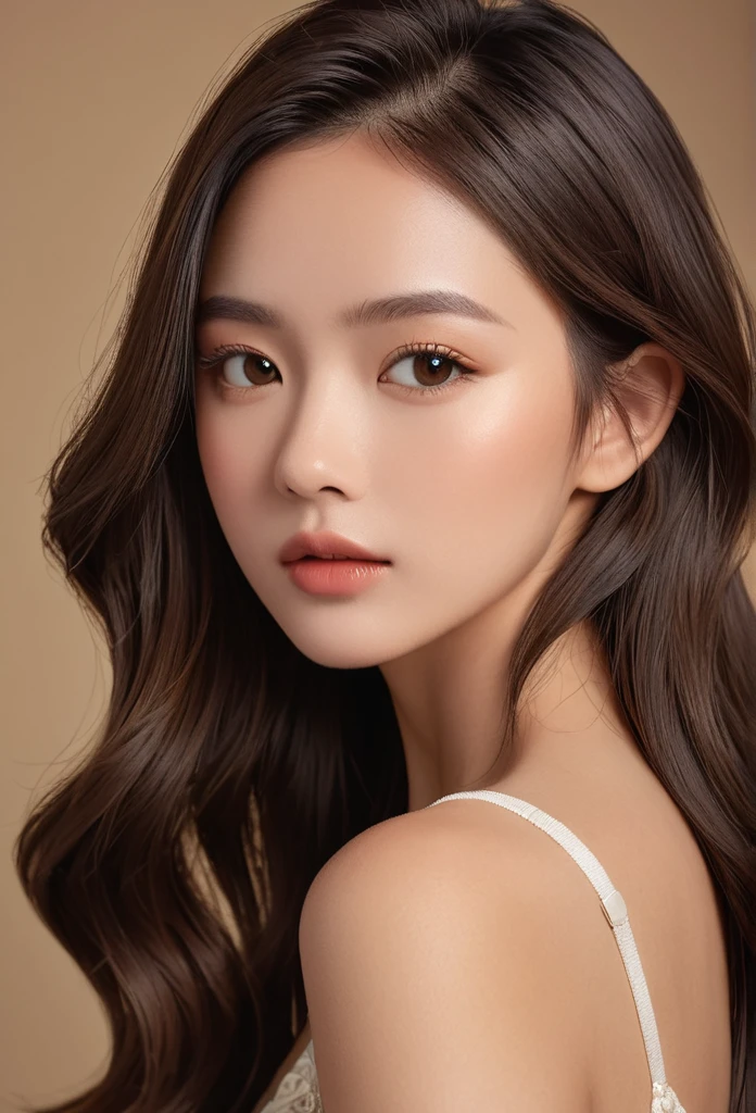 Photograph a 20-year-old girl in a half-body portrait,emphasizing the fine details of her appearance. Utilize the high-resolution capabilities of a Hasselblad camera to capture the intricate textures of her skin and the flow of her long hair. Choose a simple yet luxurious solid-colored background to draw attention to the subject. The lighting should be crafted to accentuate the contours of her face and the natural sheen of her hair,making every detail pronounced and vivid. The overall composition should convey a sense of elegance and refined beauty,focusing on the unique features that make her portrait stand out,