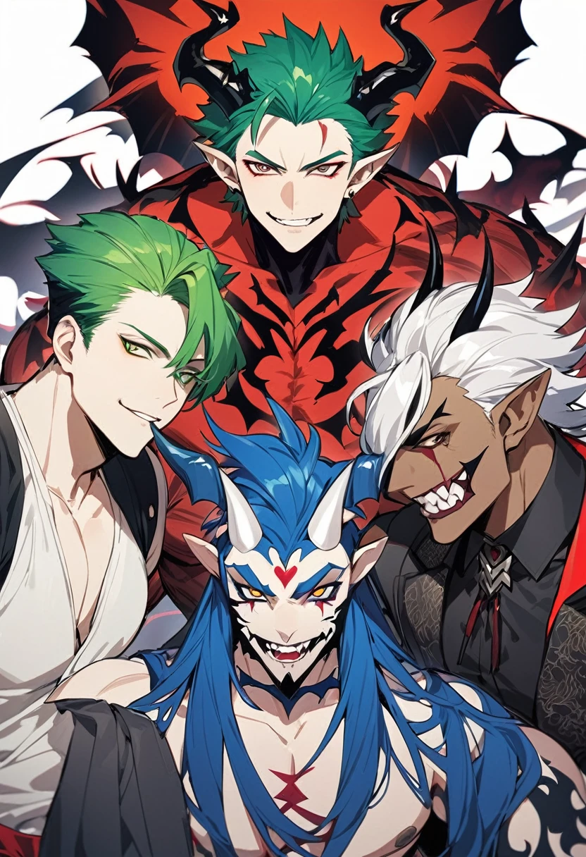 There is a picture of a male demon with green hair., Devil Man, Man Male Devil, huMan Male Devil, Male Djinn Male Demon Hybrid, Fit male demon with white horns, Handsome Japanese Devil Boy, Portrait Devil Half-Man Half-Beast, djinn Man Male Devil, A muscular humanoid Balrog demon, Male Centaur Centaur Chimera, evil devious male