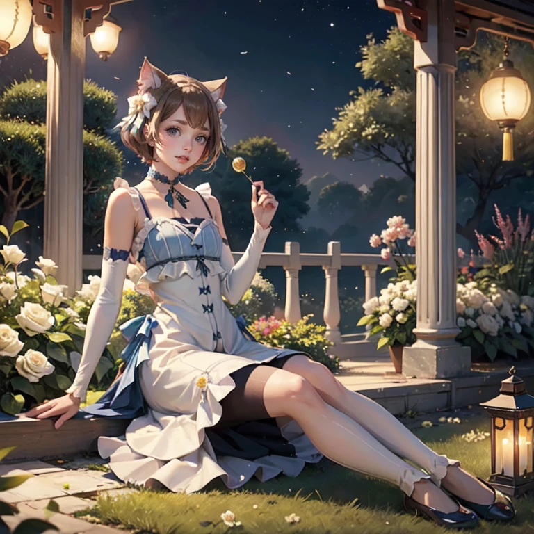 1girl, white roses, ornament hair, cat ears, roses on her hair, maid, maid dress, maid headdress, maid apron, light brown hair, short hair, seat on the grass, garden scene, Chinese maid dress, gold lantern, blue dress, more details on her clothes, golden details, night, smiling, chinese style, solo, alone, crystal, curtains, full moon on the sky, laces, frills, sparkles, fireflies, seat on the grass, chinese architecture on the background, white roses on the floor, oriental garden scenery, solo, 1 girl