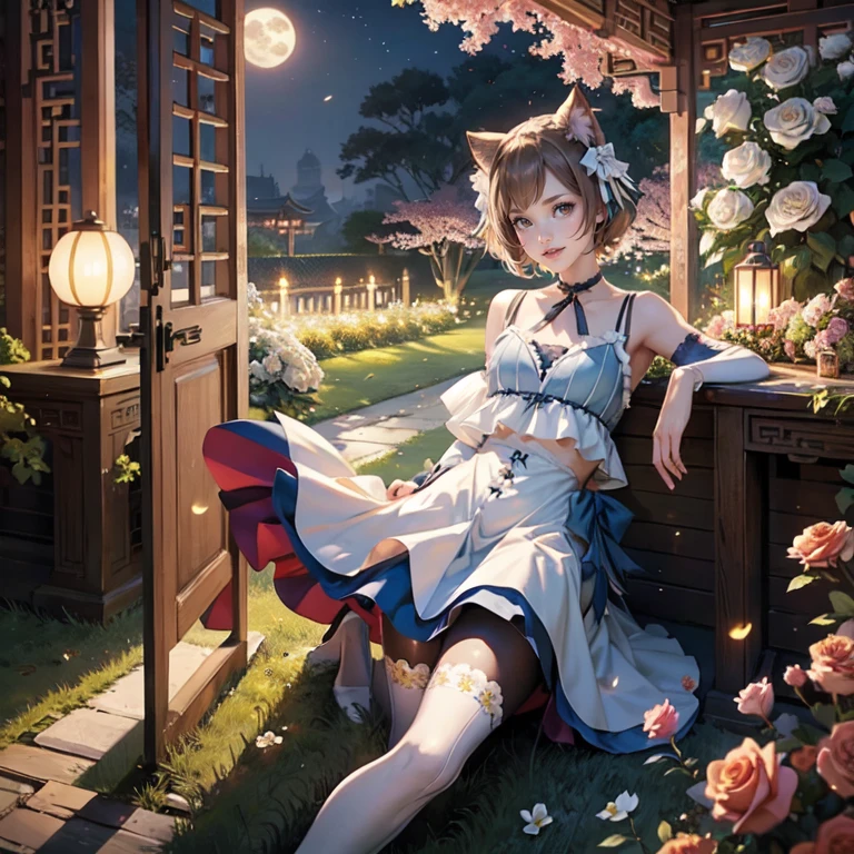 1girl, white roses, ornament hair, cat ears, roses on her hair, maid, maid dress, maid headdress, maid apron, light brown hair, short hair, seat on the grass, garden scene, Chinese maid dress, gold lantern, blue dress, more details on her clothes, golden details, night, smiling, chinese style, solo, alone, crystal, curtains, full moon on the sky, laces, frills, sparkles, fireflies, seat on the grass, chinese architecture on the background, white roses on the floor, oriental garden scenery, solo, 1 girl