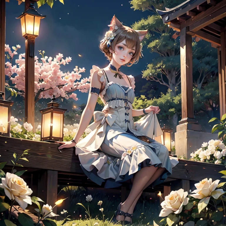 1girl, white roses, ornament hair, cat ears, roses on her hair, maid, maid dress, maid headdress, maid apron, light brown hair, short hair, seat on the grass, garden scene, Chinese maid dress, gold lantern, blue dress, more details on her clothes, golden details, night, smiling, chinese style, solo, alone, crystal, curtains, full moon on the sky, laces, frills, sparkles, fireflies, seat on the grass, chinese architecture on the background, white roses on the floor, oriental garden scenery, solo, 1 girl