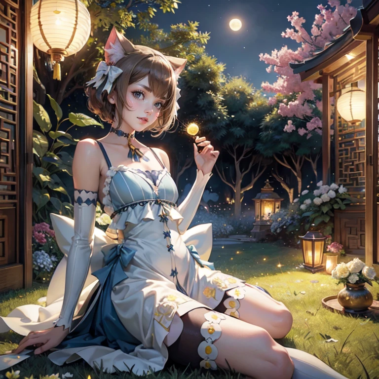 1girl, white roses, ornament hair, cat ears, roses on her hair, maid, maid dress, maid headdress, maid apron, light brown hair, short hair, seat on the grass, garden scene, Chinese maid dress, gold lantern, blue dress, more details on her clothes, golden details, night, smiling, chinese style, solo, alone, crystal, curtains, full moon on the sky, laces, frills, sparkles, fireflies, seat on the grass, chinese architecture on the background, white roses on the floor, oriental garden scenery, solo, 1 girl