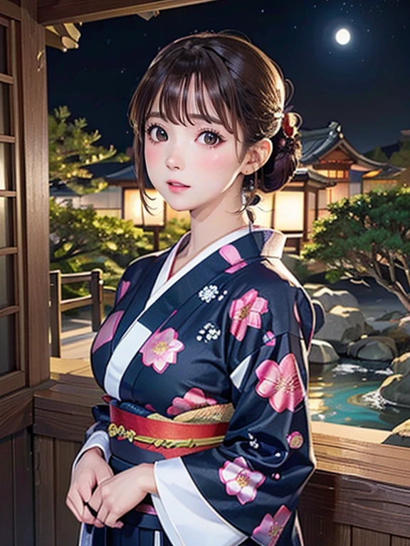 (Highest quality、 8k wallpaper、masterpiece、High resolution)、Vibrant colors、Ample breasts、Brown and black Japanese round topknot、Brown-black bob、Beautiful girl in yukata、Vivid floral pattern、whole body、(Highly detailed face and eyes、Beautiful Face、Beautiful Eyes、Beautiful nose、Pretty lips)、A friendly gaze、above the knee shot、Highly detailed background、Japanese garden、moonlight、Full moon and starry sky、Official Art、