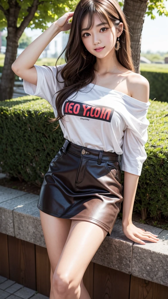 Highest quality、Highest quality、masterpiece、Best Pixels、Young Japanese Woman、One Woman、Brown Hair、Long Hair、Late 20s、Tight Skirt、Long legs、smile、sunlight、sexy、Large breasts、Long legs、whole body、garden、T-Shirts、Genuineistic、Genuine、Genuineistic、Big eyes、double eyelid、Curly Hair、sexyポーズ、Off the shoulder