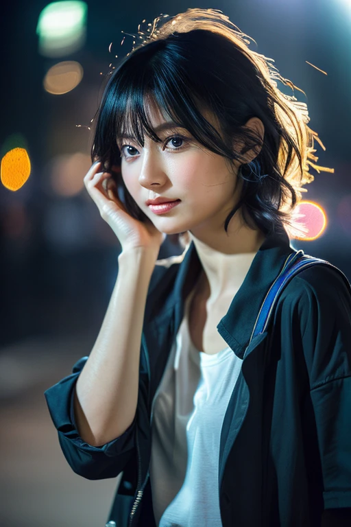Random Pause, Mix 4, (8k, Original photo, Highest quality, masterpiece: 1.45), (Actual, Vibrant: 1.37), Skinny Japanese woman, One girl, charm, City view, night, rain, Wet, Professional Lighting, Photon Mapping, Radio City, Physically Based Rendering, Gradient black hair, Short Curly Hair, good looking, girl, Sea T-shirt is see-through,Torn clothes、 High resolution, 1080P, (Beautiful Face), (Detailed facial depiction), (Detailed description of the hand), (Detailed CG), Extreme light and shadow, Messy Hair, Lots of details, (exquisite features), (Highest quality photos), (Beautiful Eyes), Look in front of you, Thin clavicle,