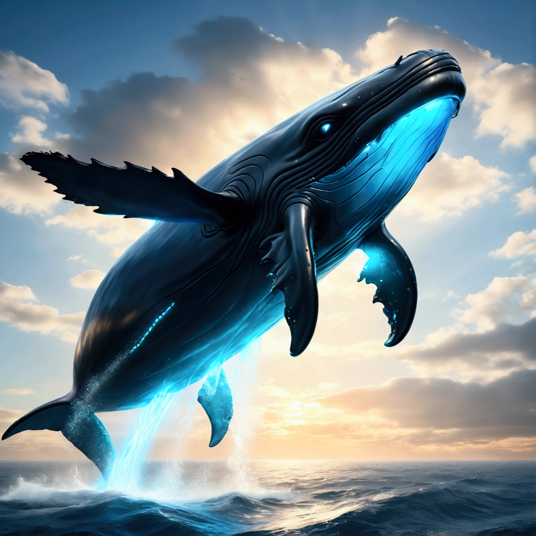 Flying Whale, mechanical whale, (glowing Whale:1.4), from side, blue sky, cinematic angle, realistic, hyper-realistic, photorealistic, (best quality,4k,8k,highres,masterpiece:1.2),ultra-detailed,(realistic,photorealistic,photo-realistic:1.37),vivid colors,dramatic lighting,