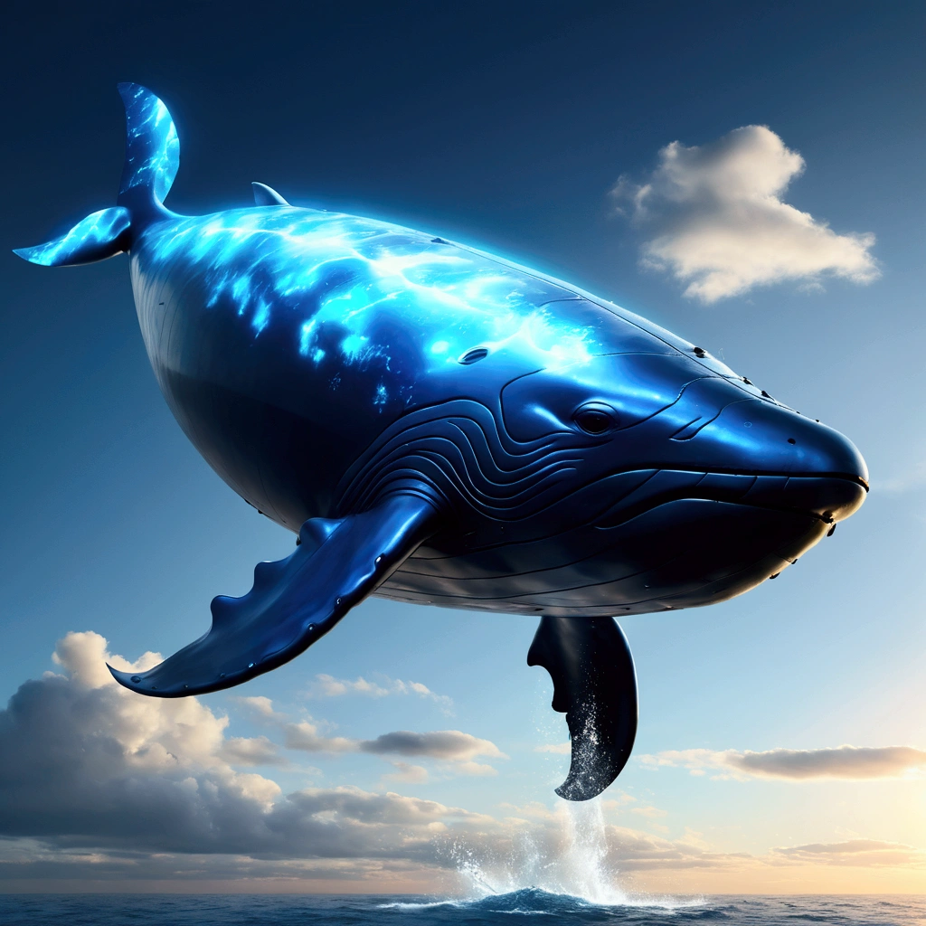 Flying Whale, mechanical whale, (glowing Whale:1.4), from side, blue sky, cinematic angle, realistic, hyper-realistic, photorealistic, (best quality,4k,8k,highres,masterpiece:1.2),ultra-detailed,(realistic,photorealistic,photo-realistic:1.37),vivid colors,dramatic lighting,