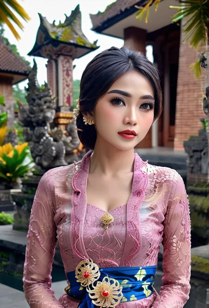 Illustrate a beautiful girl close up dressed in kebaya, set against the backdrop of a Balinese temple. Ensure that the image is photorealistic and of top-quality 8K HDR, capturing every intricate detail of the scene.,kebaya,kebaya indonesia,p3rfect ,cleavage
