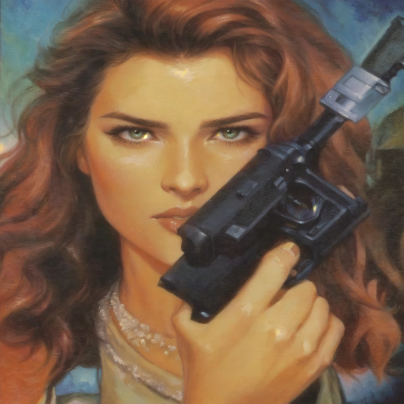 a painting of a woman holding a gun in her hand, ( ( barclay shaw ) ), inspired by Clyde Caldwell, 8 0 s art, mara jade, 1980s pulp fantasy, dorian cleavenger, 1987 pulp art, 1980s art, ( art fitzpatrick ), by Clyde Caldwell