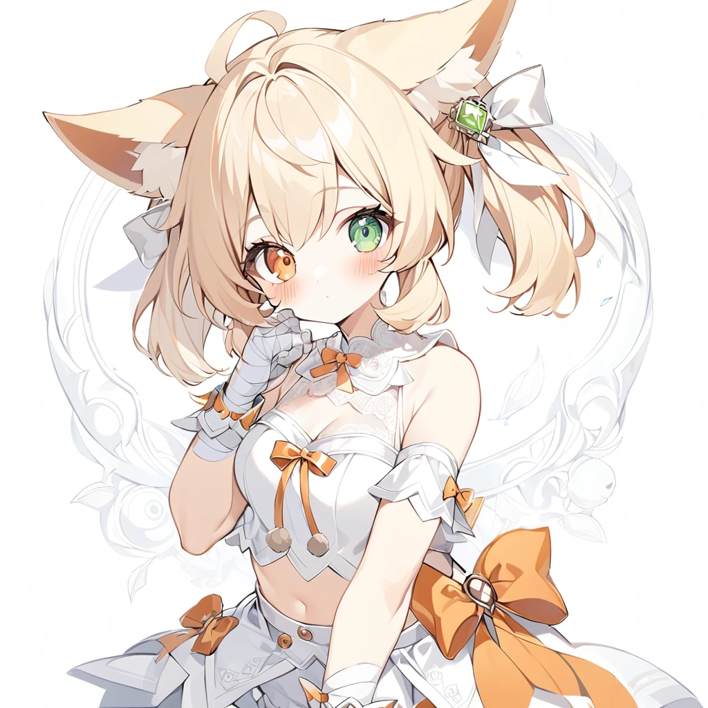 The fox girl,1girl,short hair, The hairstyle is like Klee's,animal ears, bangs, bare shoulders, blonde hair, blush, bow, breasts, white cleavage, cropped torso, , green eyes, hair ribbon, heterochromia, , looking at viewer, , orange bow, orange eyes, orange ribbon, ribbon, solo, stuffed animal, , , twintails, upper body, full-length, white legbands, white shoes with lace and white bows, white background, wrist cuffs, yellow eyes, bloomers, close-up, fair skin frills, lace, midriff, skirt, solo, , white background,shorts, white top with ribbon and lace and trousers,trousers, genshin,white slippers with a bow,All clothes are white, laceAt full height, it stands,bandaged hands, short hair , ankle lace-up, ankle ribbon, bow, leg ribbon, lineart, , shoes, , standing, , white bow, white footwear,