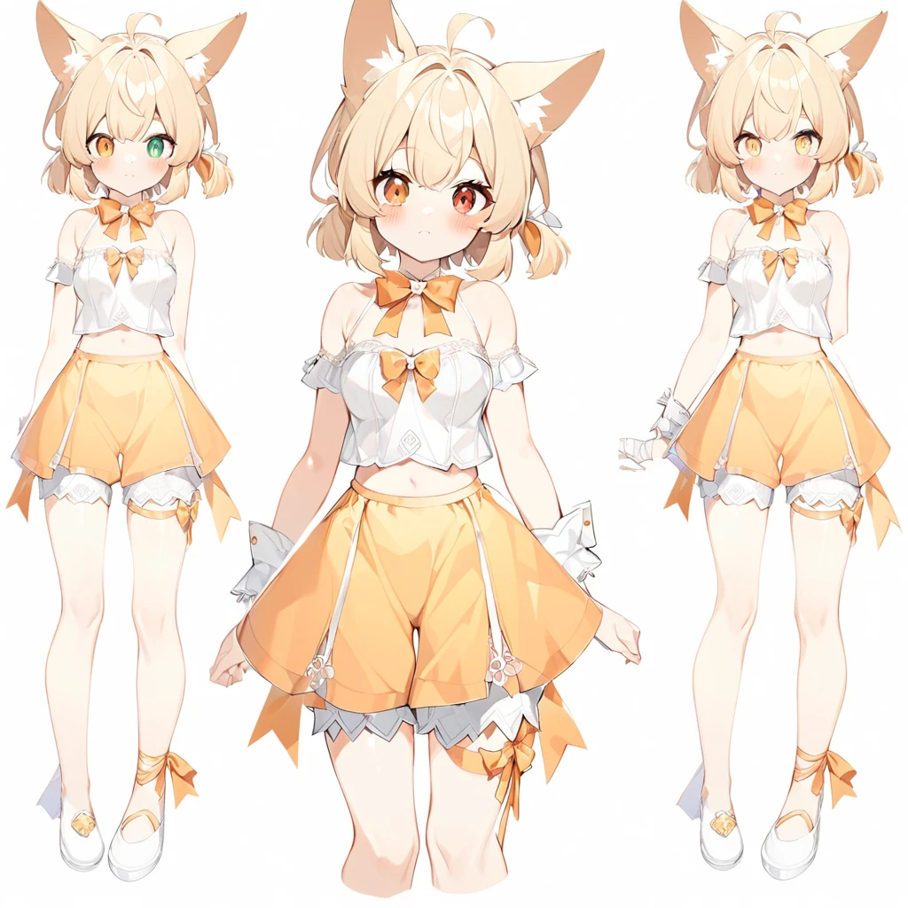 The fox girl,1girl,short hair, The hairstyle is like Klee's,animal ears, bangs,  shoulders, blonde hair, blush, bow, , white cleavage, cropped torso, , green eyes, hair ribbon, heterochromia, , looking at viewer, , orange bow, orange eyes, orange ribbon,  ribbon, solo, stuffed animal, , , twintails, upper body, full-length, white legbands, white shoes with lace and white bows, white background, wrist cuffs, yellow eyes, bloomers, close-up, fair skin frills, lace, midriff, skirt, solo, , white background,shorts, white top with ribbon and lace and trousers,trousers, genshin,white slippers with a bow,All clothes are white, laceAt full height, it stands,bandaged hands, short hair , ankle lace-up, ankle ribbon, bow, leg ribbon, lineart, , shoes, , standing, , white bow, white footwear,