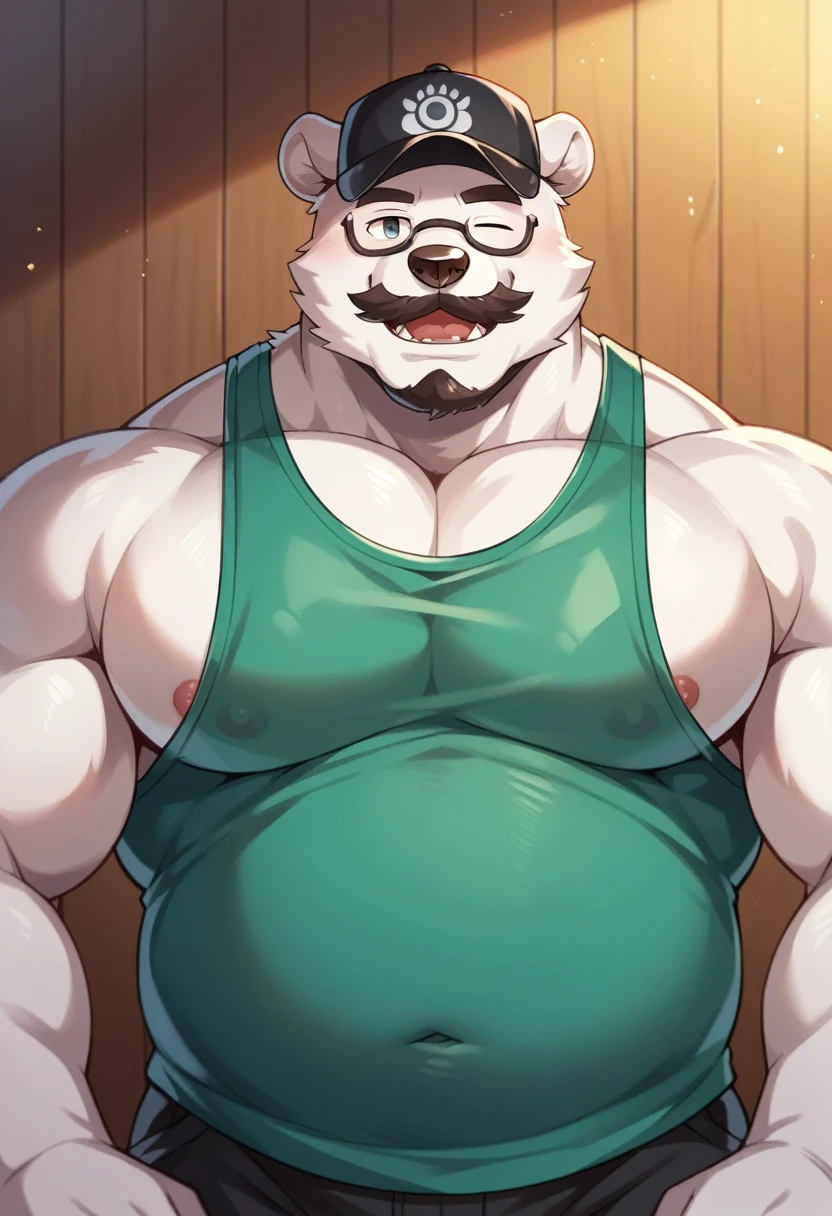 Scribble polar bear face,Humanity(polar bear),(Topless:1.3),Chubby,(Black eyebrows:1.1),(Perfect eyes),White fur，（artist:Takemoto Arashi），Living room background，（black fun underwear:1.3），paw，（black beard:1.3）