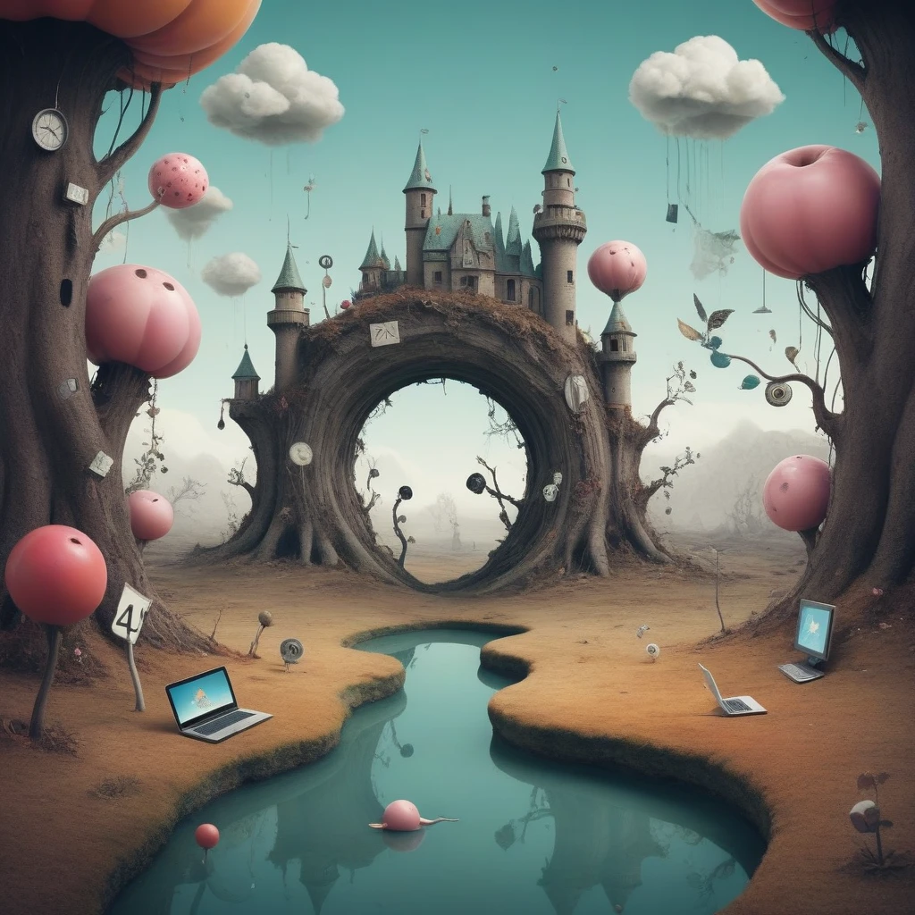 Create an image that represents "404" Error Page. The setting is a whimsical digital landscape with surreal elements,「Lost in the digital world」The theme was.' in the center,Confused,Cartoon style robot with a friendly face,Big eyes,antenna,Standing on a road that suddenly ends. The robot has a map,Puzzled look. Behind the robot,Digital Mountain々With a floating island in the background,Symbolizing the vastness of the Internet. A softly glowing binary code matrix in the sky,Create a starry sky effect. In the foreground,'404'Make numbers stand out in bold,Futuristic font glowing with soft blue light. Add a little humor to the scene,Cartoon-style creatures peeking out from behind digital terrain,Looks just as confused. The overall tone is playful yet、Something is Wrong、Or clearly conveys the message that it cannot be found。.",