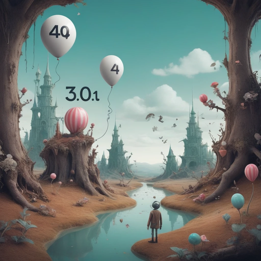 Create an image that represents "404" Error Page. The setting is a whimsical digital landscape with surreal elements,「Lost in the digital world」The theme was.' in the center,Confused,Cartoon style robot with a friendly face,Big eyes,antenna,Standing on a road that suddenly ends. The robot has a map,Puzzled look. Behind the robot,Digital Mountain々With a floating island in the background,Symbolizing the vastness of the Internet. A softly glowing binary code matrix in the sky,Create a starry sky effect. In the foreground,'404'Make numbers stand out in bold,Futuristic font glowing with soft blue light. Add a little humor to the scene,Cartoon-style creatures peeking out from behind digital terrain,Looks just as confused. The overall tone is playful yet、Something is Wrong、Or clearly conveys the message that it cannot be found。.",