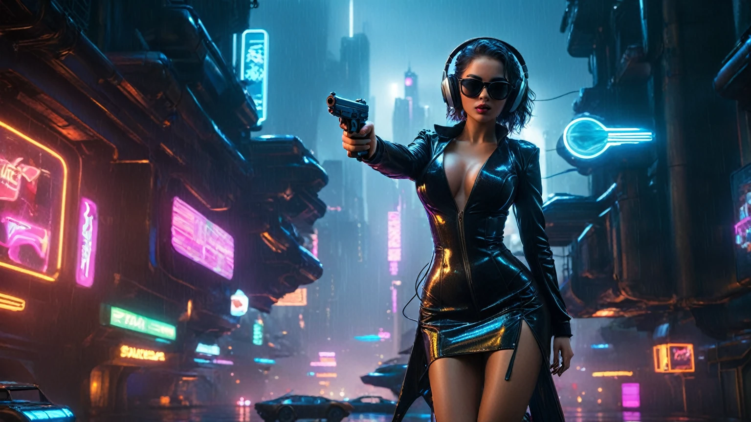 (aerial view, a flying cars docking platform, a very dark abandoned futuristic city, neon lights), rainy night. (((1girl, solo, alone))), large-breast:1.2 slim body, cleavage:1.1, sexy wind blowing wet dress:1.4, (((headphone, black sunglasses, standing and holding pistol:1.8, dynamic rushing pose))), (((((half-body thigh level medium shot))))), cinematic lighting, lens flare, ray tracing.