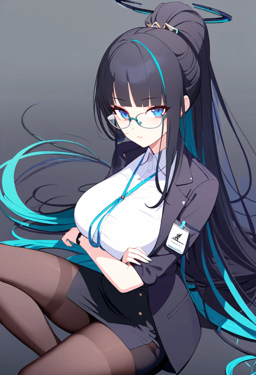 xianyun, 1girl, solo, multicolored hair, black hair, green hair, blue hair, very long hair, ponytail, deep blue eyes, big breasts, hair ornament, black_lace, high heels, glasses, black pantyhose, shirt, black skirt, long sleeves, pencil skirt, white shirt, bangs, miniskirt, lanyard, jacket, black pantyhose, black footwear, high-waist skirt, (simple background), white background, looking at viewer, , arm under breasts, black underwear, (beautiful color, detailed, best quality, amazing quality, very aestheti