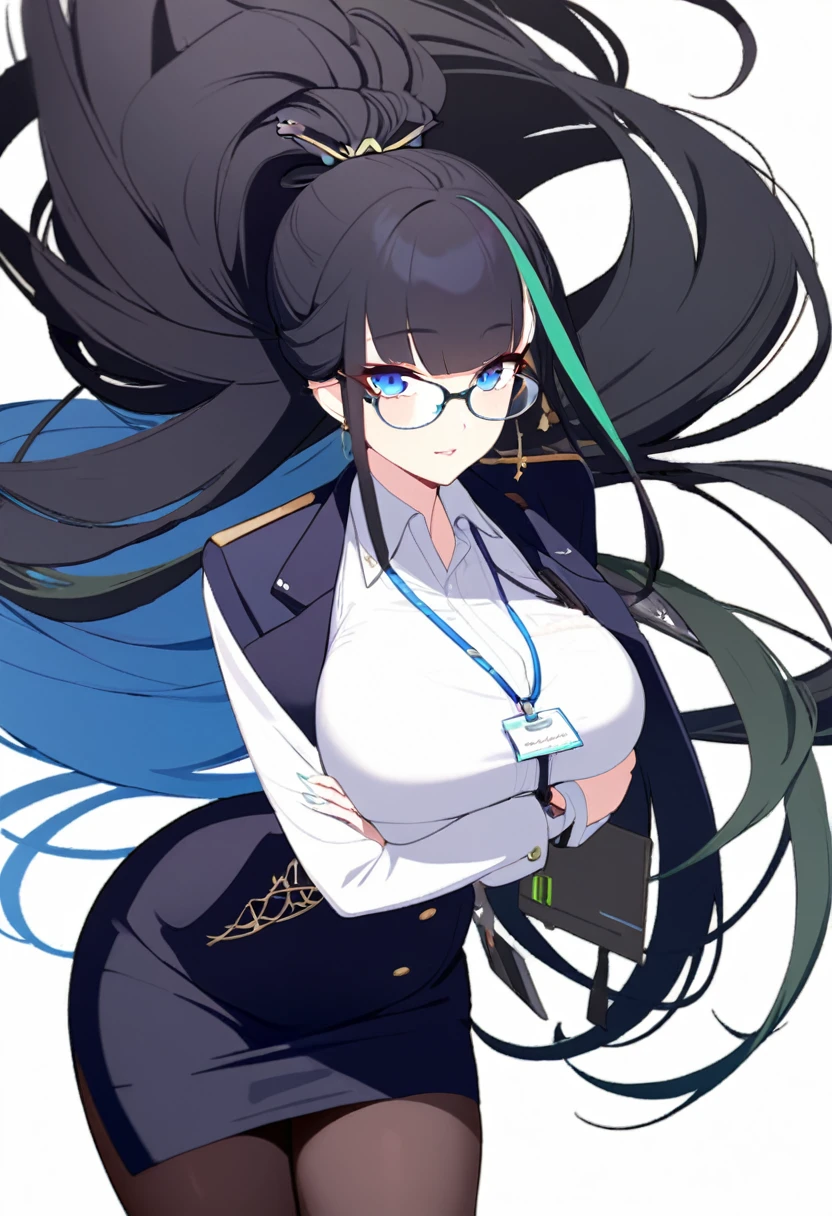 xianyun, 1girl, solo, multicolored hair, black hair, green hair, blue hair, very long hair, ponytail, deep blue eyes, big breasts, hair ornament, black_lace, high heels, glasses, black pantyhose, shirt, black skirt, long sleeves, pencil skirt, white shirt, bangs, miniskirt, lanyard, jacket, black pantyhose, black footwear, high-waist skirt, (simple background), white background, looking at viewer, , arm under breasts, black underwear, (beautiful color, detailed, best quality, amazing quality, very aestheti