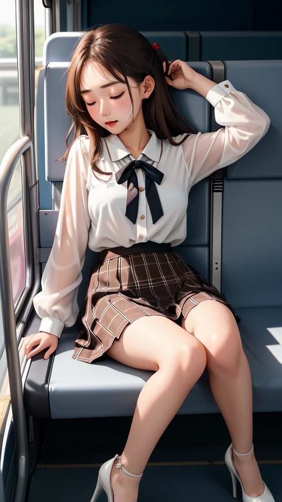 20-year-old women,,Clear images、Real women 、Brown Hair, Medium Hair〜Half-up、She is sleeping soundly with her mouth open.., Slim figure ,Breasts are a little bigger than normal , Head to toe full body shot, Shiny white high heels、 Blouse with ribbon on the chest、Checkered mini skirt, Sit comfortably in the back of the bus, 、私 threw my head back and fell into a deep sleep..,Arms hanging down. I'm exhausted on the way home after work..Sleeping like the dead.My knees are open, Both feet are on the floor, sleeping face, close your eyes, Mouth wide open and drool、Tilt your head back and look up, I can rest my head on the seat and sleep soundly..., Anatomically correct,Composition looking up from the front