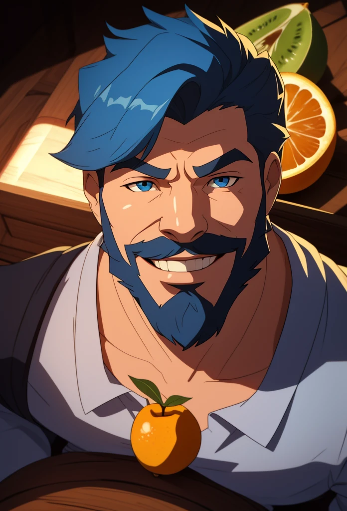 (resting on fruits) (Best Quality, 4k, 8k, high resolution, Masterpiece: 1.2), ultra detailed, Male portrait, medium closeup, very detailed face, detailed facial features, spectacular lighting, close-up, from above, anatomically correct, super detail, full blue beard and short blue hair, smile, wink, hairy chest.