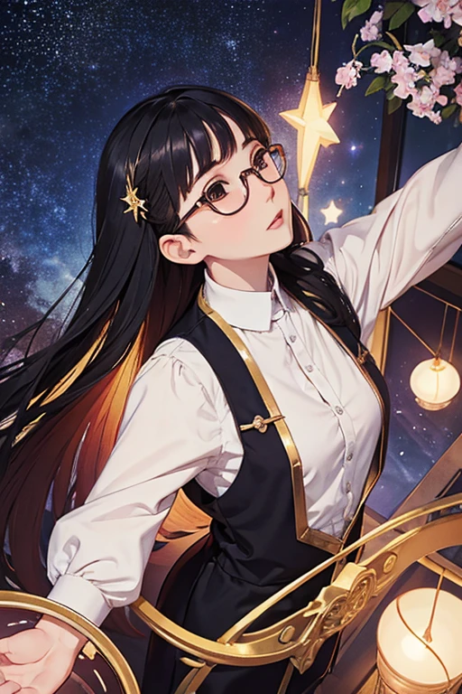 Highest quality、masterpiece、High sensitivity、High resolution、Detailed Description、Slender women、Glasses、Silk clothes、Gloss、With open arms、Looking up at the stars、