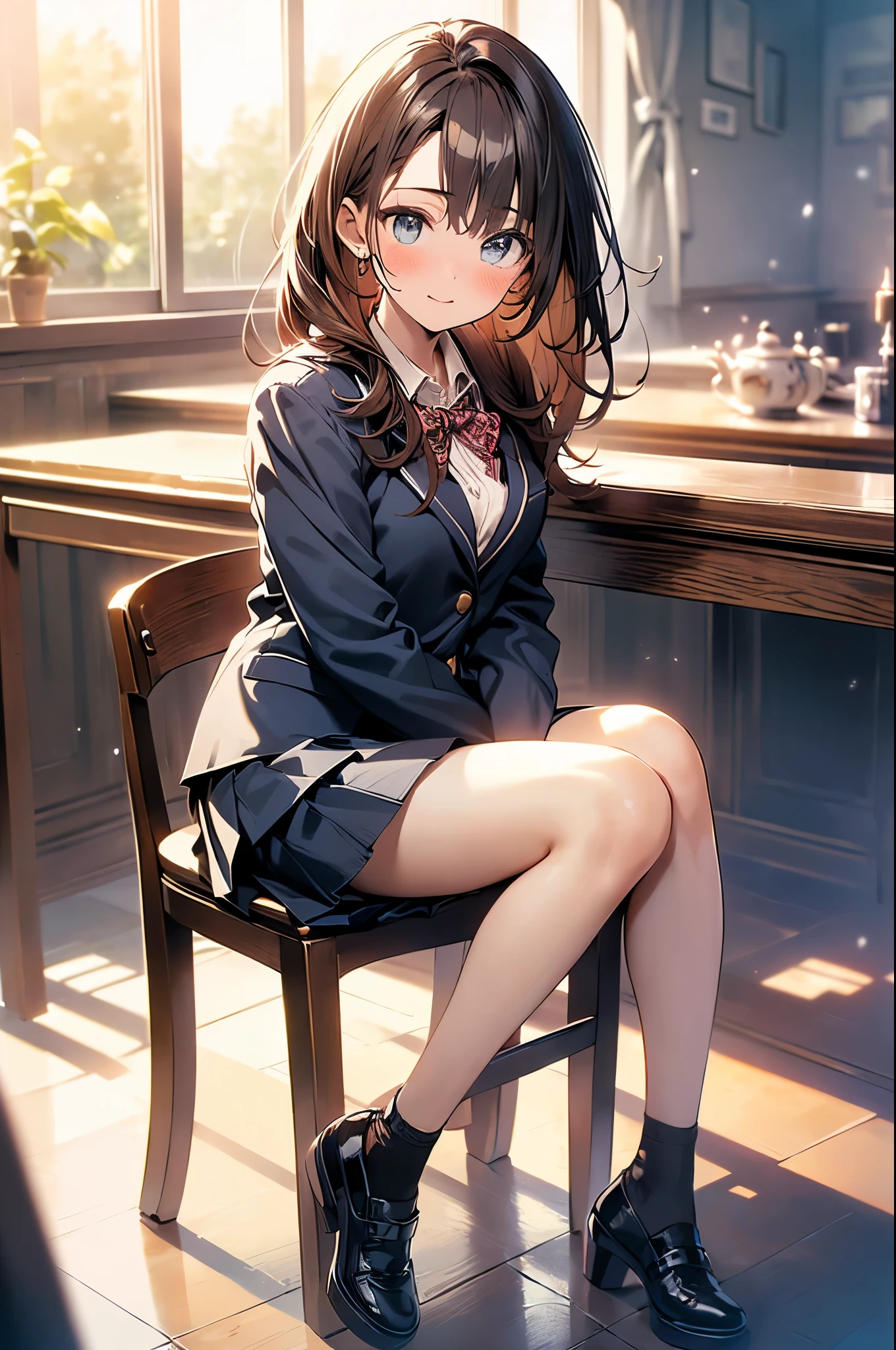 highest grade、masterpiece、HDTV、(full bodyesbian)、(frontage)、(bilaterally symmetrical)、A mature and tall Japanese high school girl、soio、(Full body view from head to toe)、(feet without shoes)、(M-shaped legs)、sitting composition、Composition with legs spread and crotch visible、Slightly low angle、(White ruffled panties)、small tits、(Black tights)、(black pantyhose)、(Composition showing white panties)、A very beautiful and tall girl.、(I'm not wearing shoes)、(bangss)、Unkempt hair、(hair clips)、pale blush、Looking at the camera、slender leg、 High School Uniform Blazer、High School Uniform White Blouse、high school uniform blue ribbon、High school uniform plaid and navy pleated skirt
