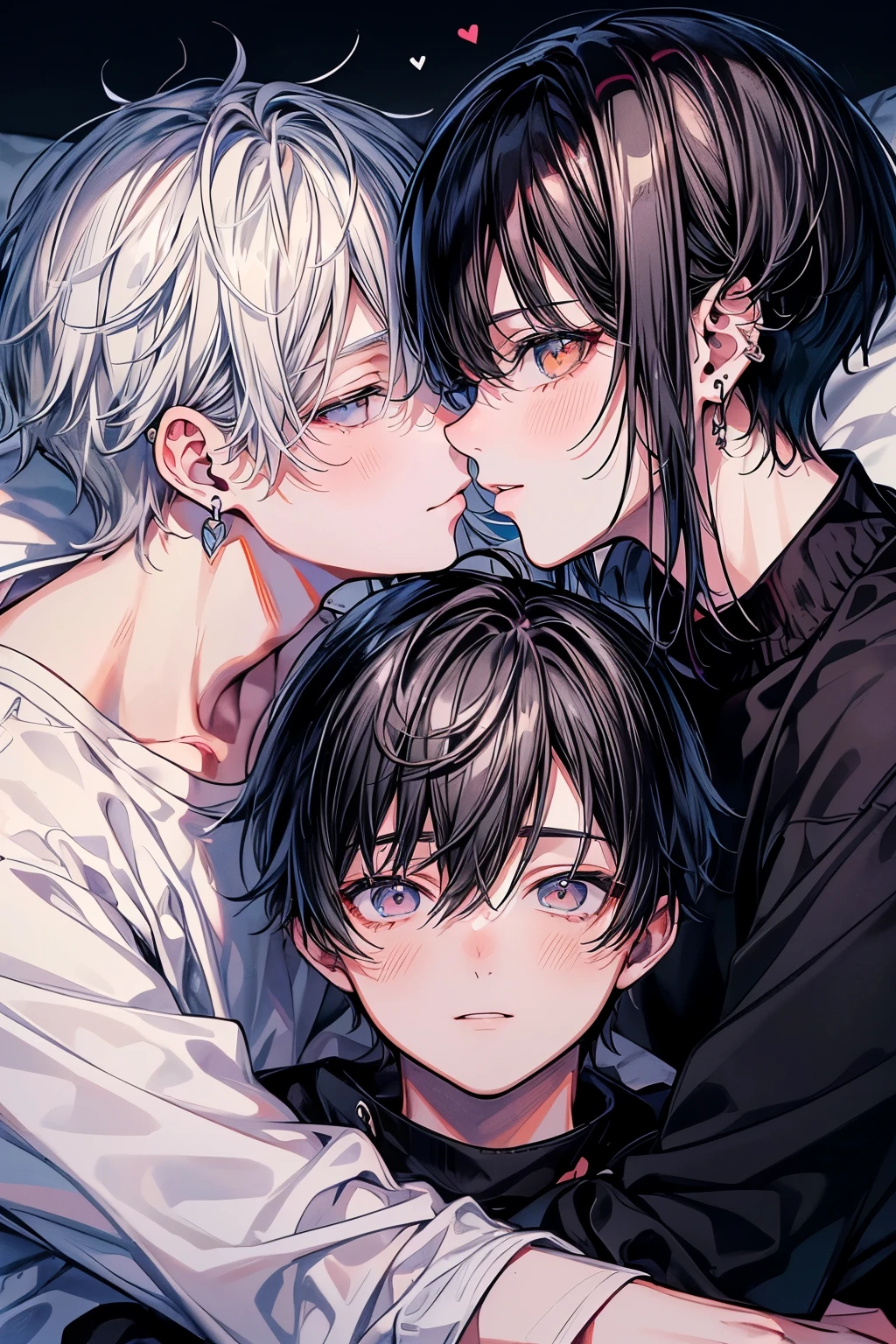 (Mastepiece), (Best Quality), Very detailed, ((Two men kissing on the cheek)), Perfect Face, (Happy Face:1.3)、Beautiful Face, Very detailed顔,(One black-haired man:1.3),(One white-haired man:1.3),T-Shirts、smile、bed