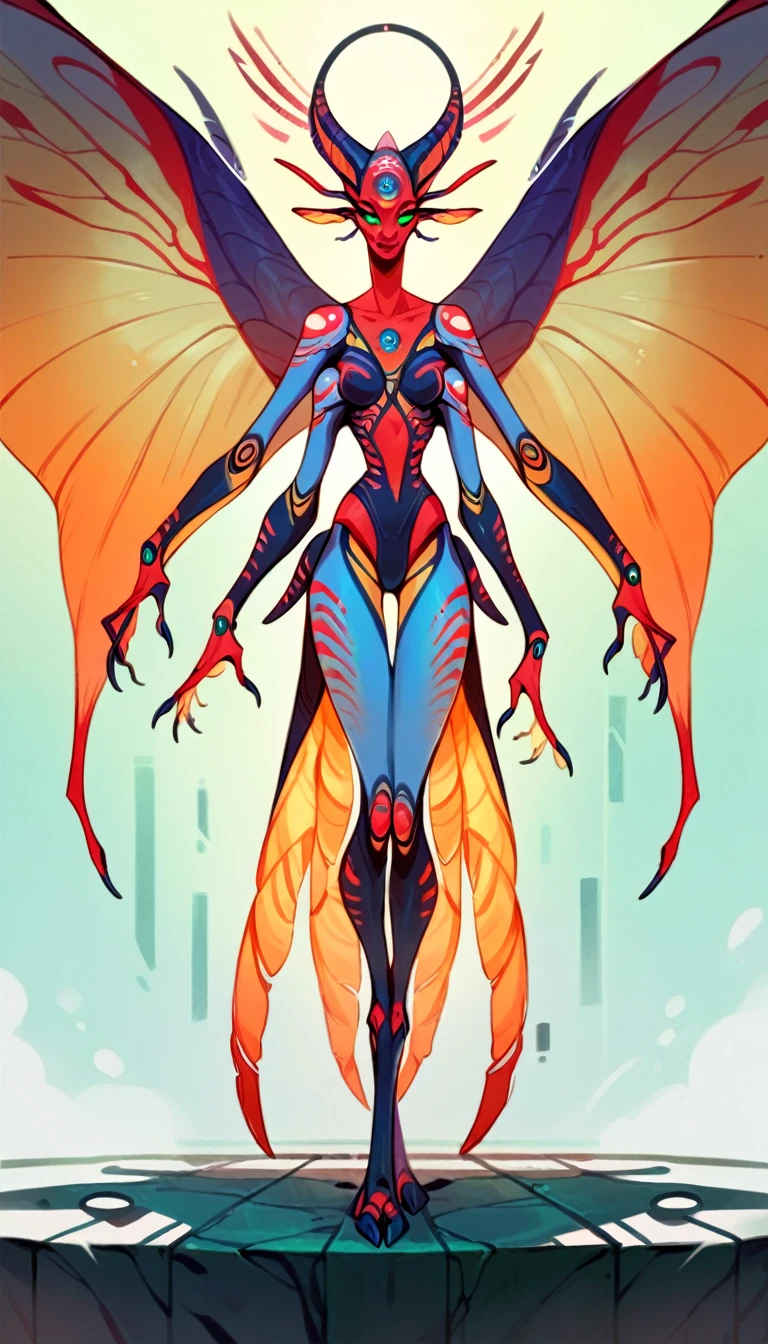 Alien species, bipedal extraterrestrial entity, reptilian features, futuristic tribal aesthetic, non-humanoid facial features, four arms, large wings, beautiful otherworldly entity, so beautiful it is scary, extra solar races