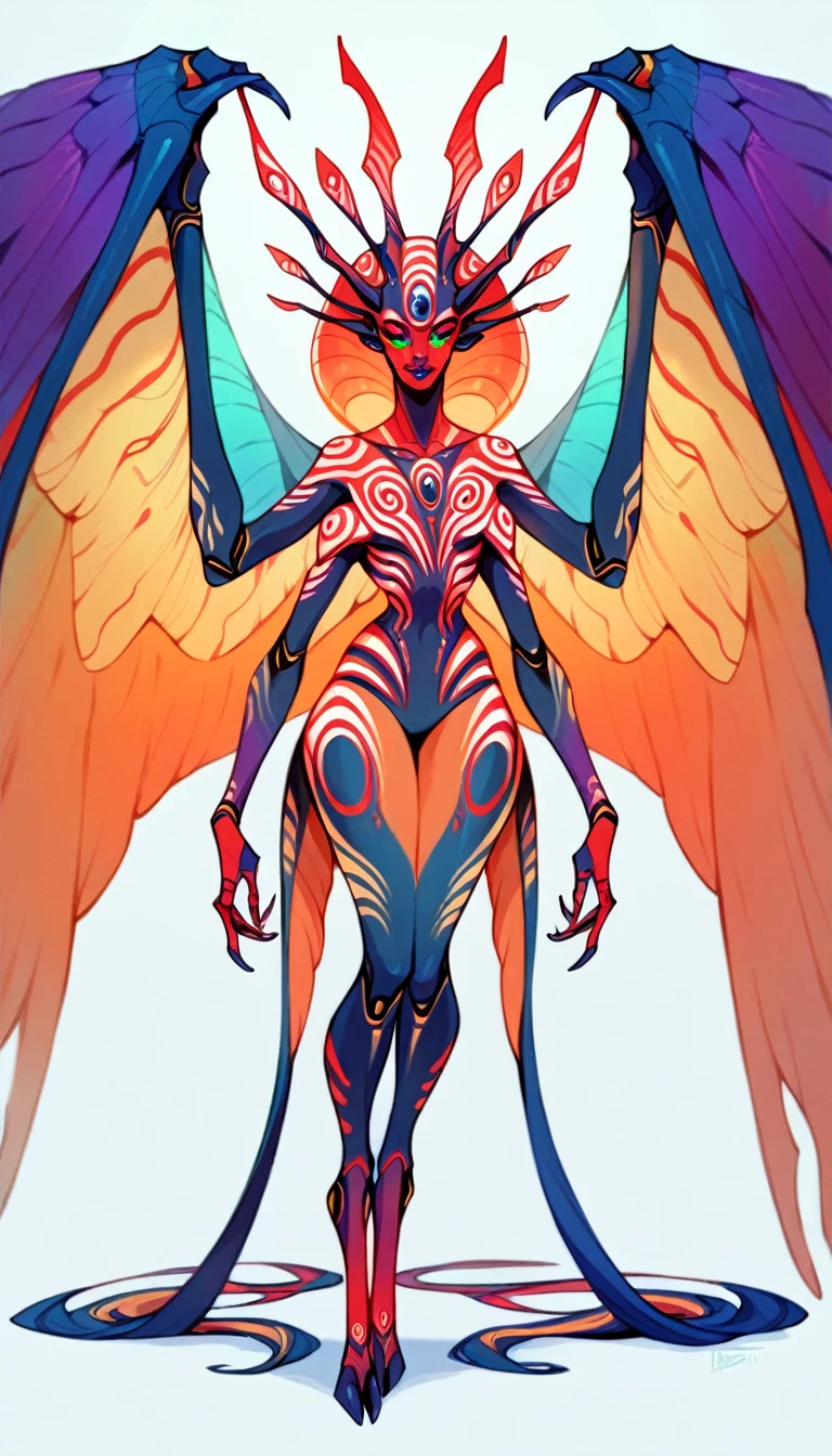 Alien species, bipedal extraterrestrial entity, reptilian features, futuristic tribal aesthetic, non-humanoid facial features, four arms, large wings, beautiful otherworldly entity, so beautiful it is scary, extra solar races