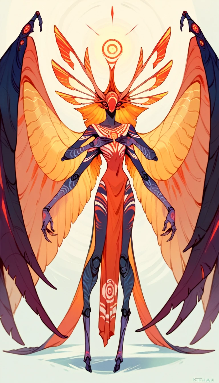 Alien species, bipedal extraterrestrial entity, reptilian features, futuristic tribal aesthetic, non-humanoid facial features, four arms, large wings, beautiful otherworldly entity, so beautiful it is scary, extra solar races