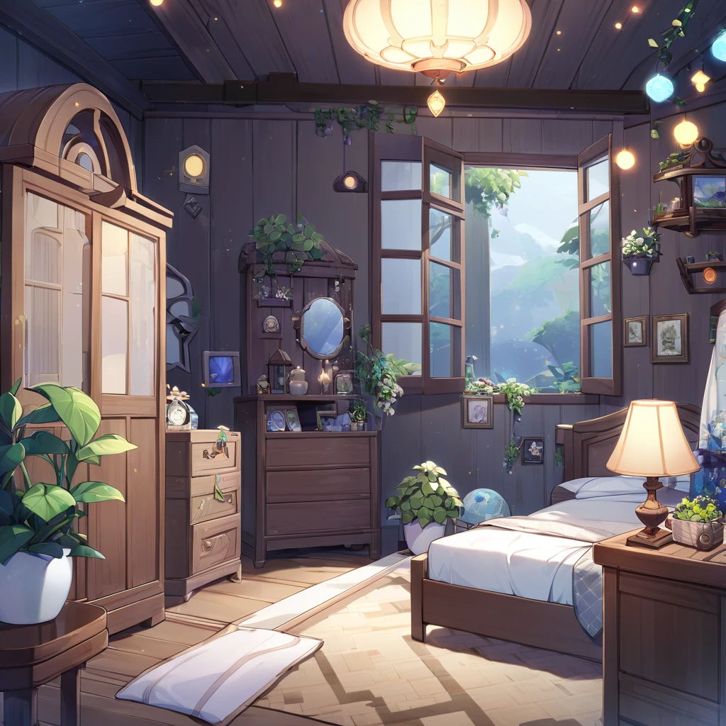 Gacha background, background inside the house, mystical house, greenery,bedroom, gloomy but comfortable atmosphere