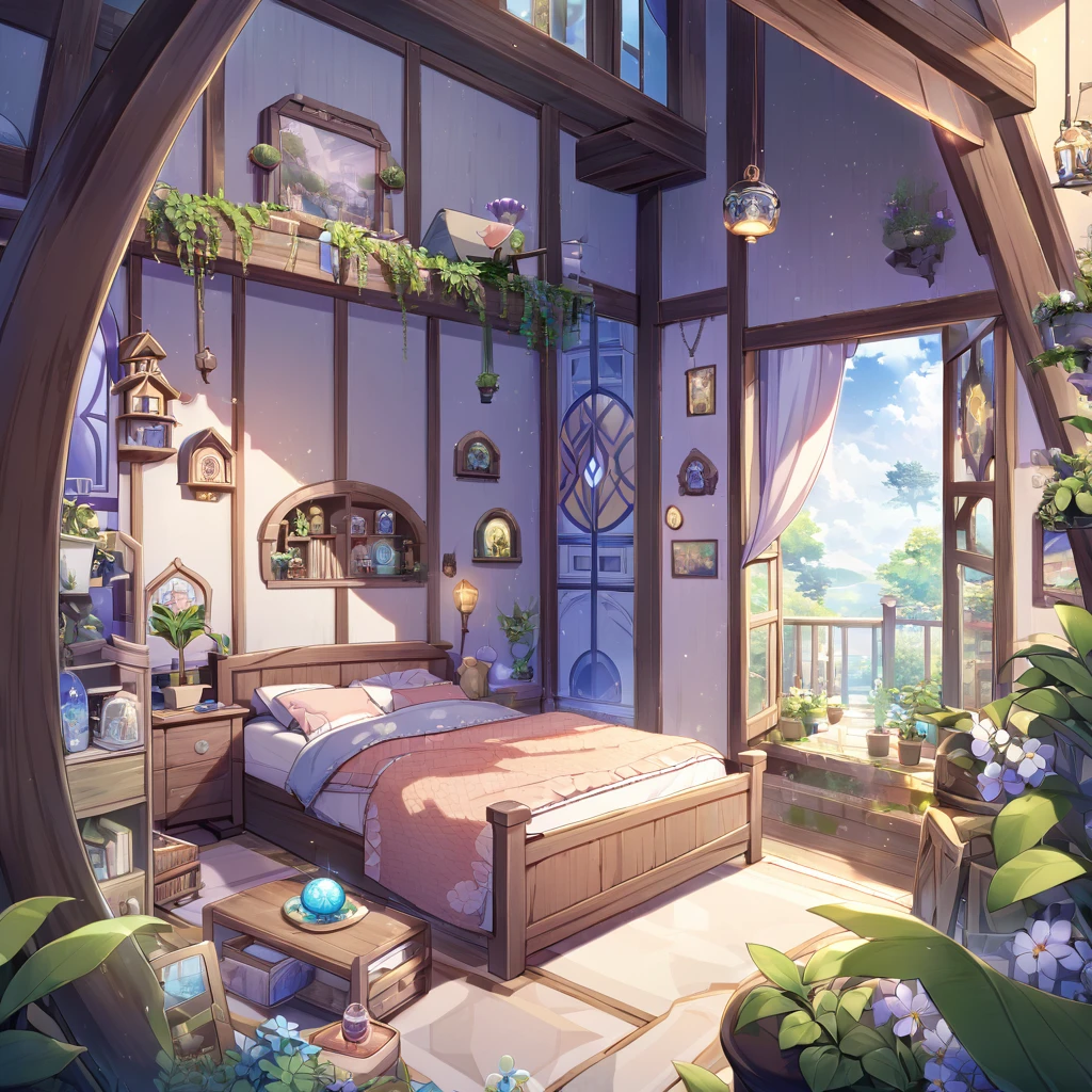 Gacha background, background inside the house, mystical house, greenery,bedroom, gloomy but comfortable atmosphere
