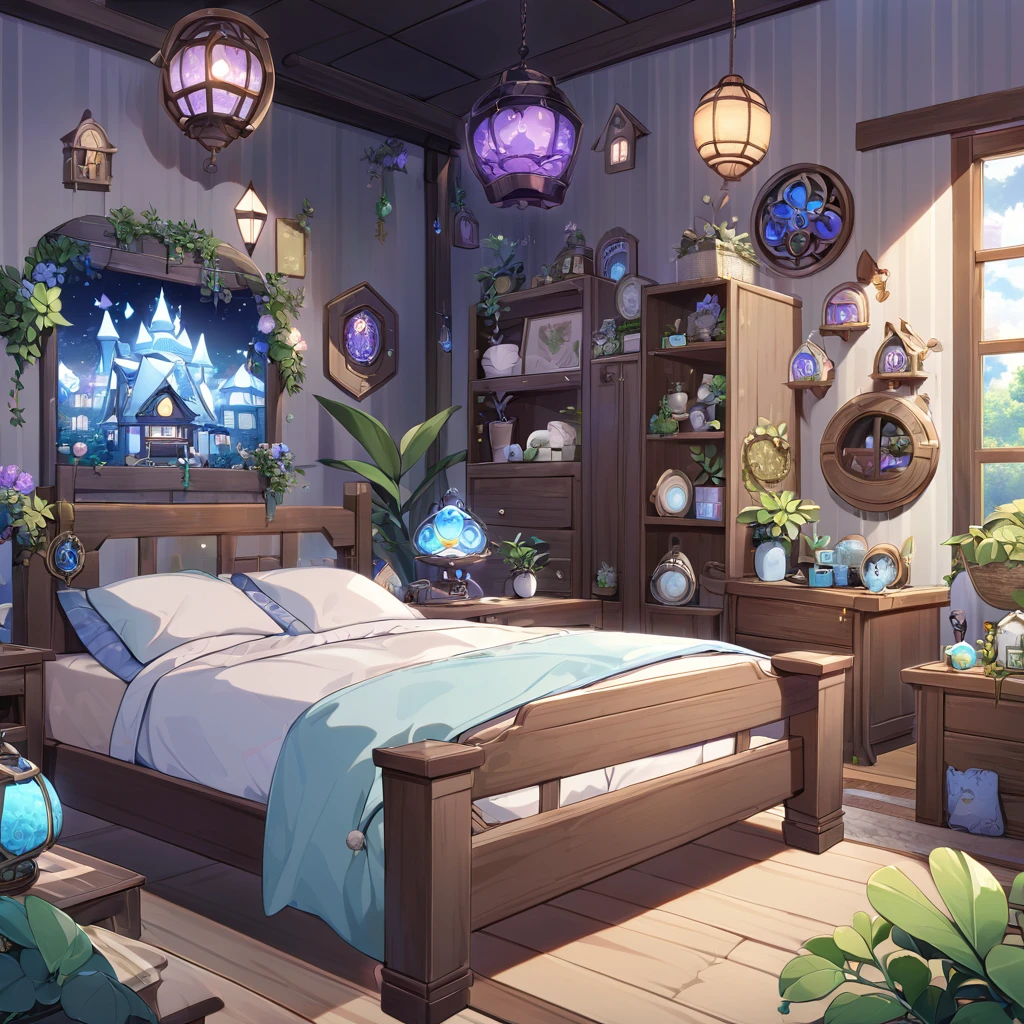 Gacha background, background inside the house, mystical house, greenery,bedroom, gloomy but comfortable atmosphere