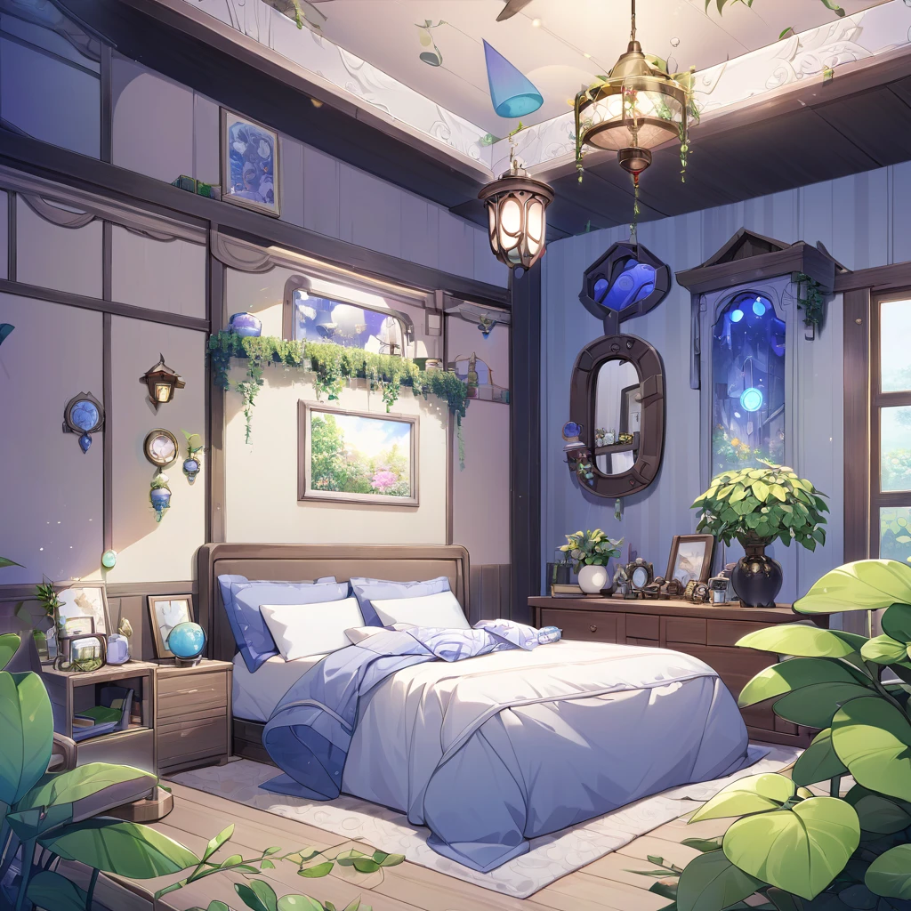 Gacha background, background inside the house, mystical house, greenery,bedroom, gloomy but comfortable atmosphere