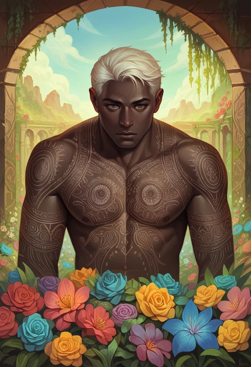 1male, solo, white_hair, tattoos, grotto, verdant, flowers, beautiful, idyllic, sublime, absurdres, hyper-realism, textured, God, Blackskin, maximum_detail, dslr