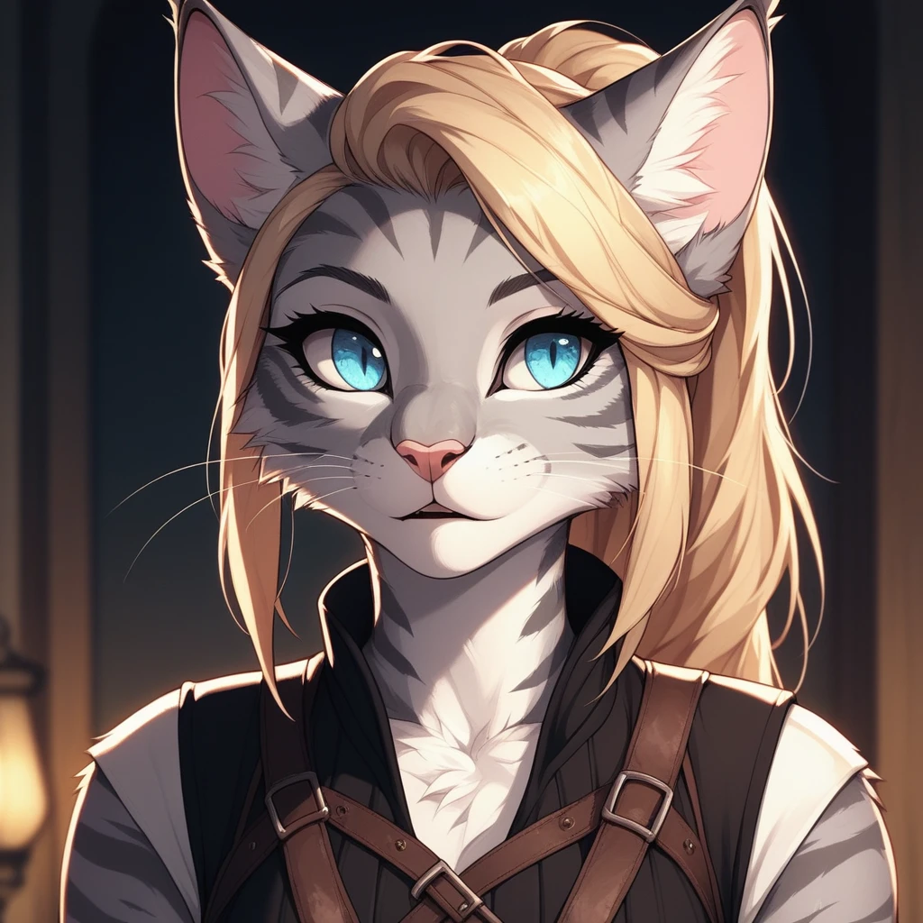 score_9,score_8_up,score_7_up, score_6_up, score_5_up, source_anime, Kat, Anthro furry feline, silver fur, grey stripes on body, blue eyes, long blonde hair, undercut hair, pink nose, :3, wearing black medieval vest, portrait close up, upper body shot, mouth open, talking, eyes half open, looking away, jitome, expressionless, looking at viewer, cowboy shot, upper body shot,