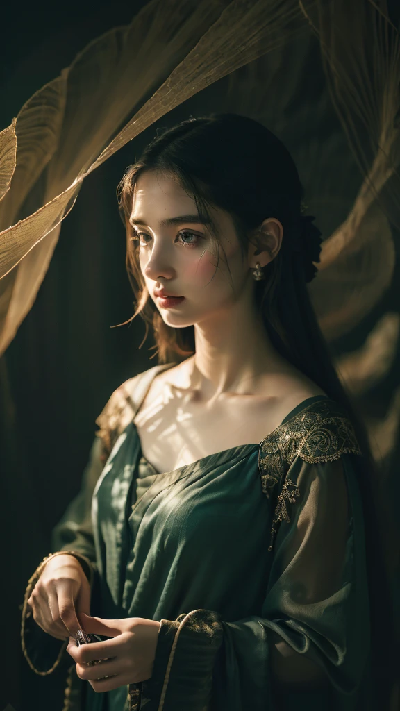 ( masterpiece, top quality, best quality,8k, girl,ultra detailed,raw photo:1.5),(photorealistic:1.4), (cinematic lighting), PerfectNwsjMajic, , Surrealism, UHD, ccurate, Super detail, textured skin, High detail, Best quality, dynamic angle, White skin,[Beautiful blue eyes], high nose,[flat chest:large breasts:0.5],(1girl),(good anatomy:0.5)), Dreamy atmosphere, Dark-toned background, expressive brush strokes, mystical ambiance, Artistic interpretation, Stunning Studio Ghibli style costumes, a whimsical illustration, Subtle colors and tones, mystical aura,