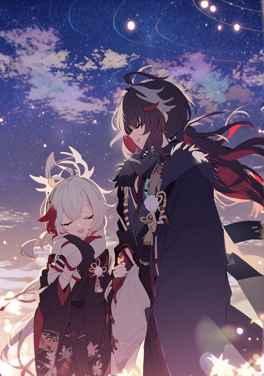 Man and woman couple, couple, walking under the stars, at night, a little stuck, 1 girl, Columbina, multicilor hair, two color hair, colored inner hair, decoration for your hair, black fur, dark fur, with red outline, closed eyes, 1 chico, Kaedehara Kazuha, white hair with a red streak, hair ornament