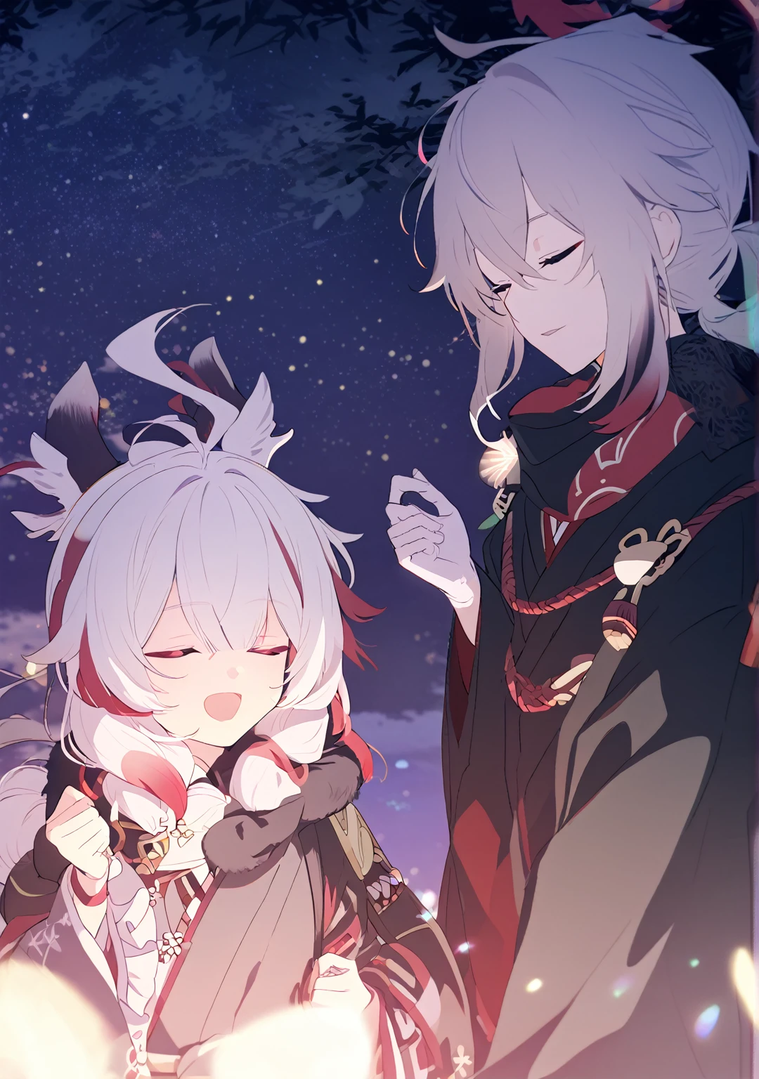 Man and woman couple, couple, walking under the stars, at night, a little stuck, 1 girl, Columbina, multicilor hair, two color hair, colored inner hair, decoration for your hair, black fur, dark fur, with red outline, closed eyes, 1 chico, Kaedehara Kazuha, white hair with a red streak, hair ornament