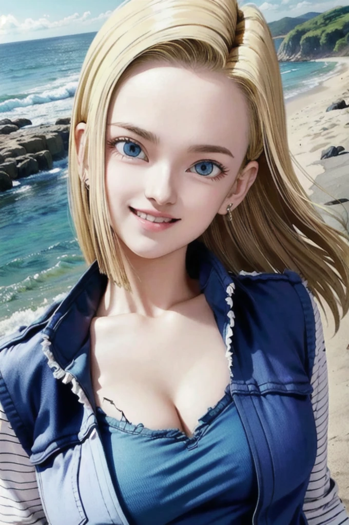 android 18,blonde hair, Long Straight hair, blue eyes, vest, black shirt, long sleeves, denim jacket, looking at viewer, smile Face, close up portrait, outside, beach, ocean, blue sky, high quality, masterpiece, sexy body, perfect breasts, slightly torn shirt on the chest
