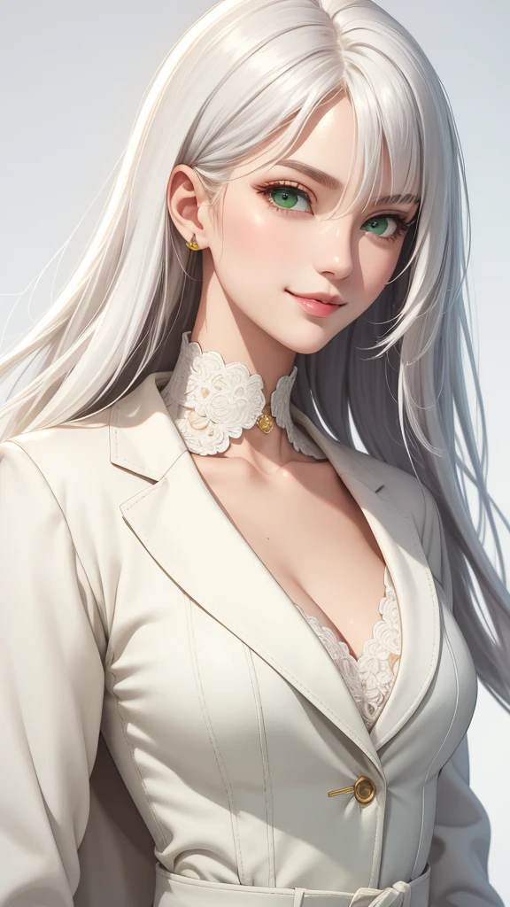 (masterpiece, Best quality), intricate details, thin, ((Slender)), beautiful girl, white hair, green eyes, sharp chin line, White coat, Long hair, lips, upper body, close-up, Smirk