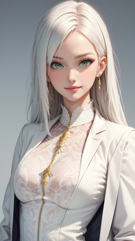(masterpiece, Best quality), intricate details, thin, ((Slender)), beautiful girl, white hair, green eyes, sharp chin line, White coat, Long hair, lips, upper body, close-up, Smirk