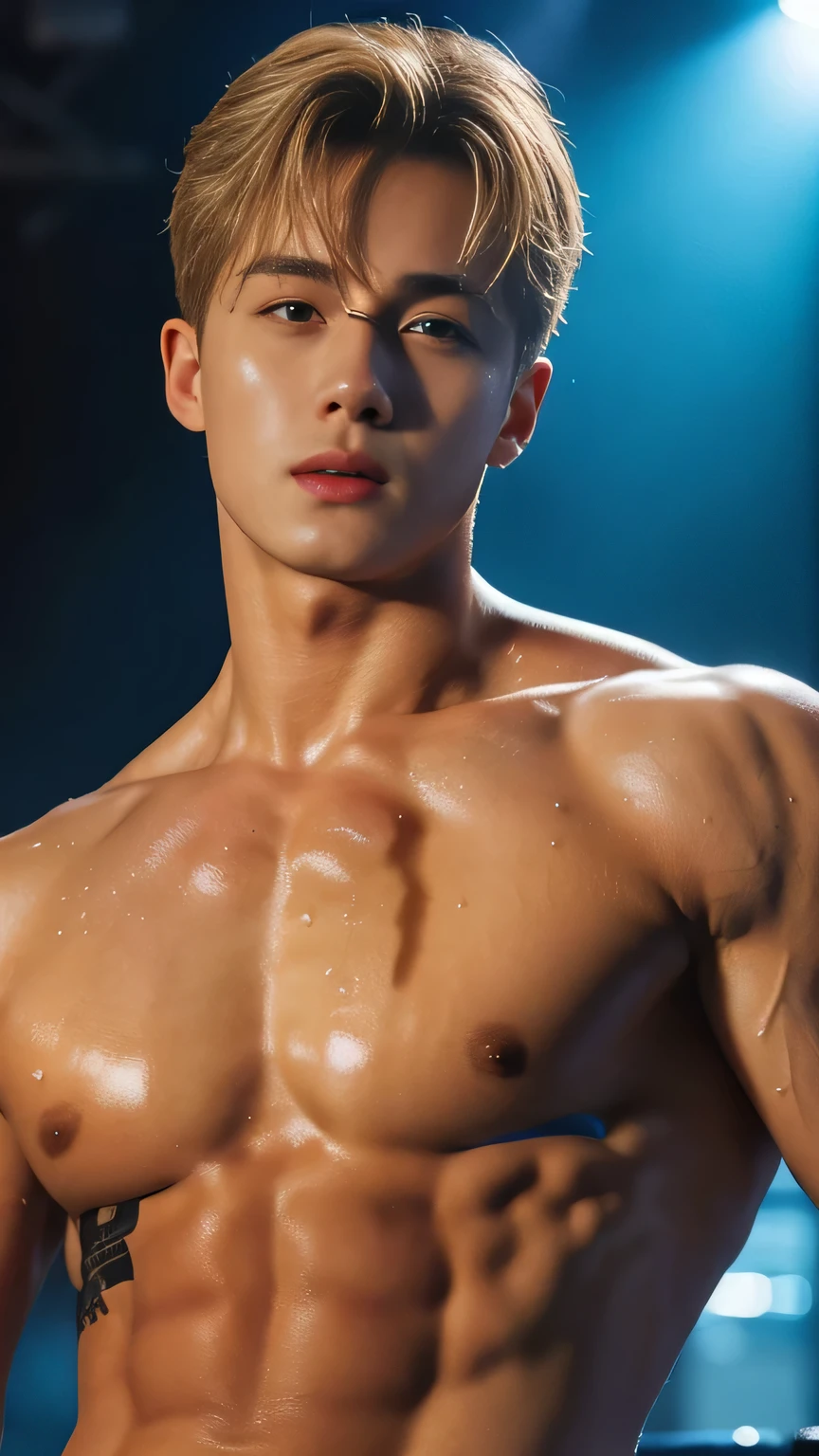 Photorealistic: 1.2, Top Quality, detailed face , 8k, Wet: 1.3), (naked Man, hands on his chest), 20-year-old blonde Ukrainian bodybuilder, blonde handsome actor with erotic costumes , in a gay club, his penis is get sucked on the stage by another men , oral sex, no underwear, (sweat: 1.2, wet: 1.2), fine skin, (film lighting, chest hair, arm hair), soft light, double eyelids, green eyes , (seductive), (((excited)), long big dick, huge penis, the most perfect penis , big ass , cum on the face
