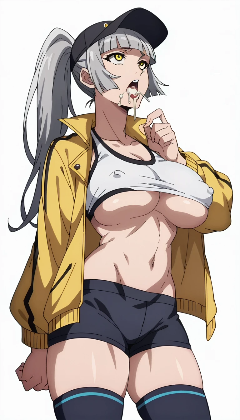 score_9, score_8_up, score_7_up, score_6_up, score_5_up, score_4_up, BREAK,blunt bangs,Gray Hair,Yellow Eyes,ponytail,big breasts,,Overflowing breasts,cap,Sports bra,Short jacket,Shorts,.boots,Street fashion,Erect nipples,Underboob,White background,Are standing,Cum in mouth,fine anime screencap_xl, anime screencap