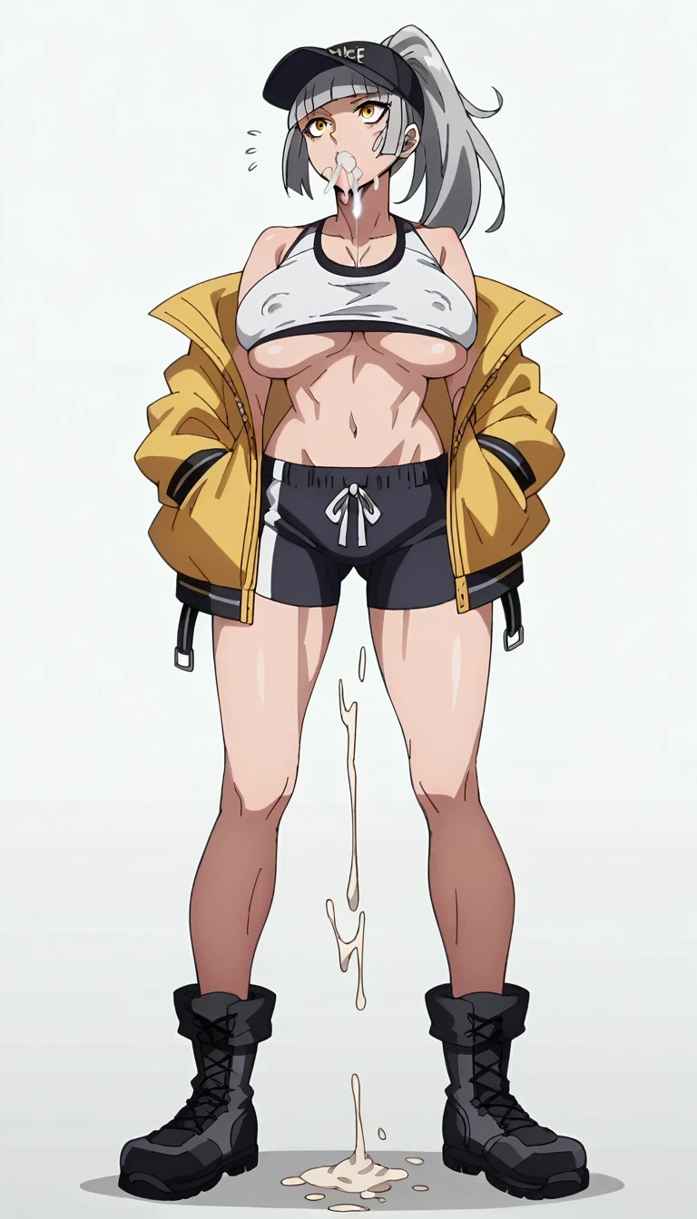 score_9, score_8_up, score_7_up, score_6_up, score_5_up, score_4_up, BREAK,blunt bangs,Gray Hair,Yellow Eyes,ponytail,big breasts,,Overflowing breasts,cap,Sports bra,Short jacket,Shorts,.boots,Street fashion,Erect nipples,Underboob,White background,Are standing,Cum in mouth,fine anime screencap_xl, anime screencap