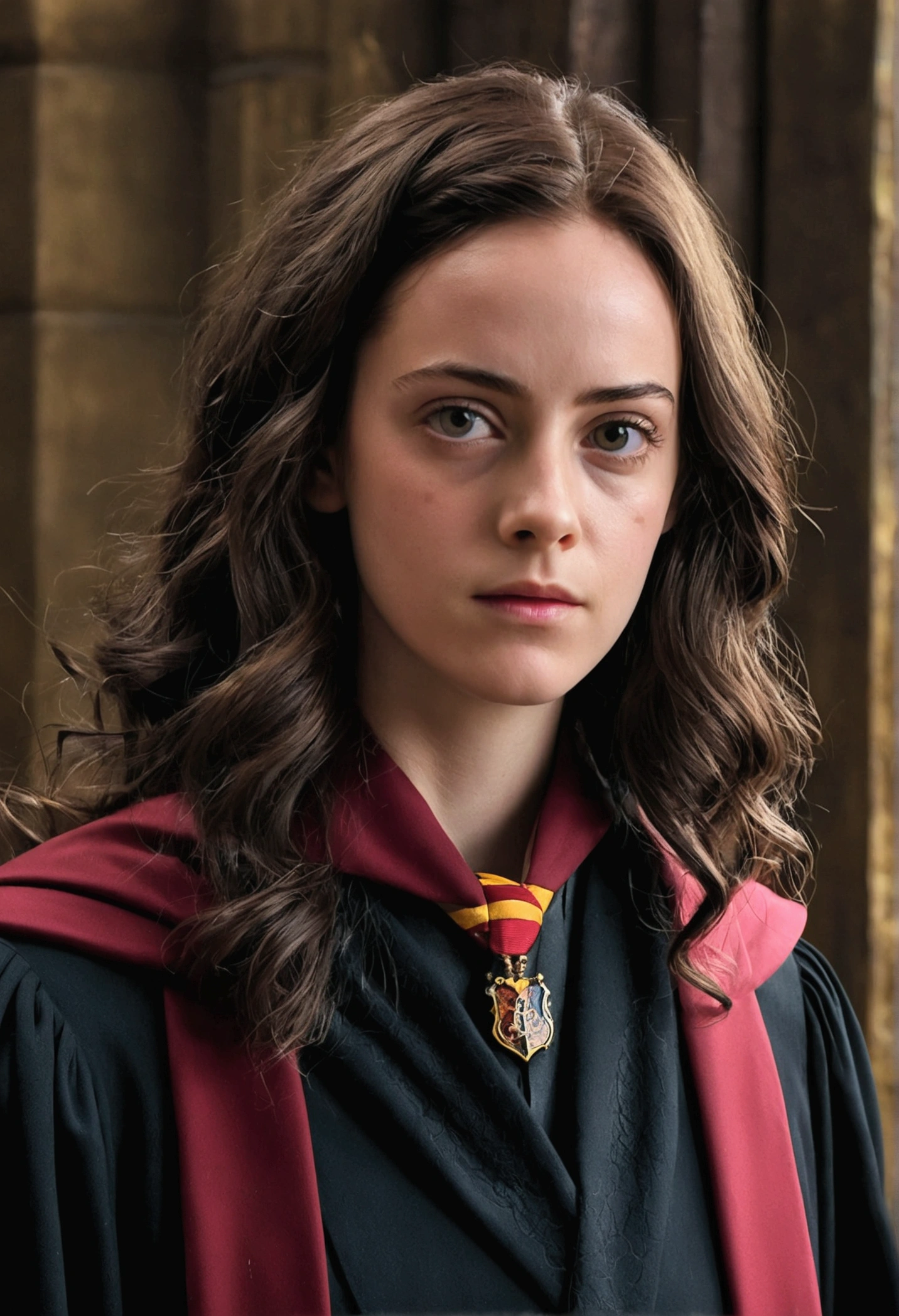 Kaya Scodelario in Harry Potter robes(((medium close-up))),1girl in,8K, Raw photography, top-quality, ​masterpiece, realisitic,Robes,wearing black wizard robes, Gryffindor, magic ,  wearing robes and neckties, hogwarts style, wearing red sorcerer's robes, High quality clothing, (Canon EOS 5D Mark IV Camera, Famous for capturing vibrant colors and rich textures:1.2)